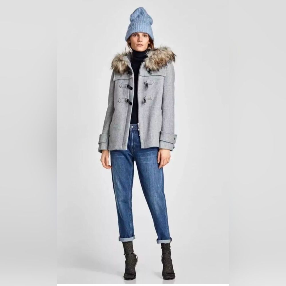 ZARA A-line Wool Duffle Coat jacket Gray detachable faux Fur Hood pockets size S - Picture 2 of 16